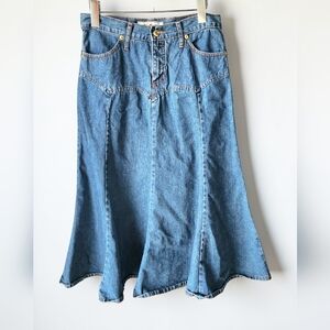 No Fuze Denim Midi Skirt Western Cut Flare Womens 7 8 Retro 90s Cottage Vintage